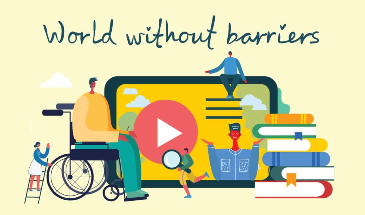 World without barriers: webtoegankelijkheid. Computerscherm omringt door iemand in een rolstoel, iemand met een vergrootglas en een stapel boeken.