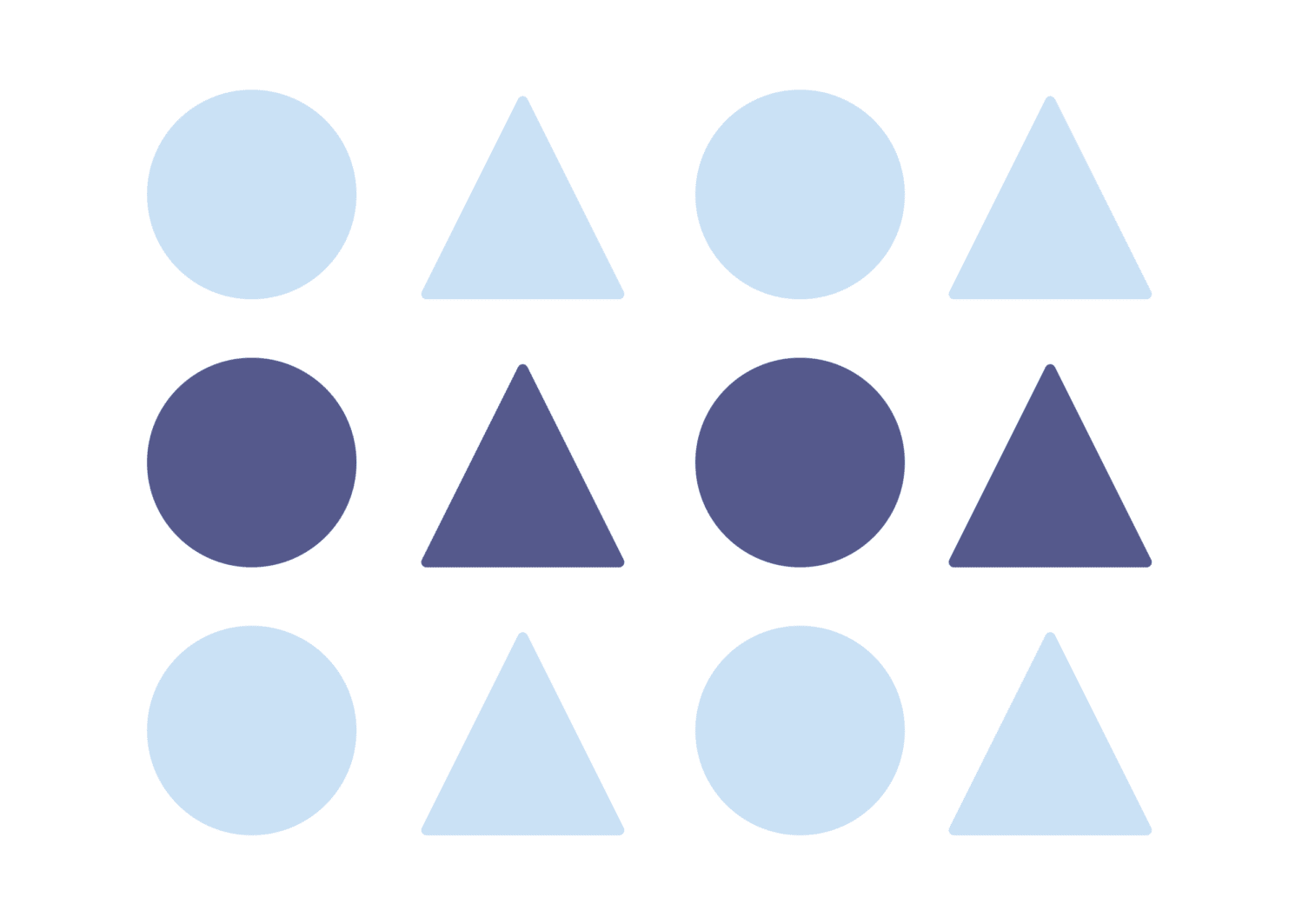 Gestaltprincipe Gelijkheid door middel van kleur. Lichtblauwe vormen en donkerblauwe vormen
